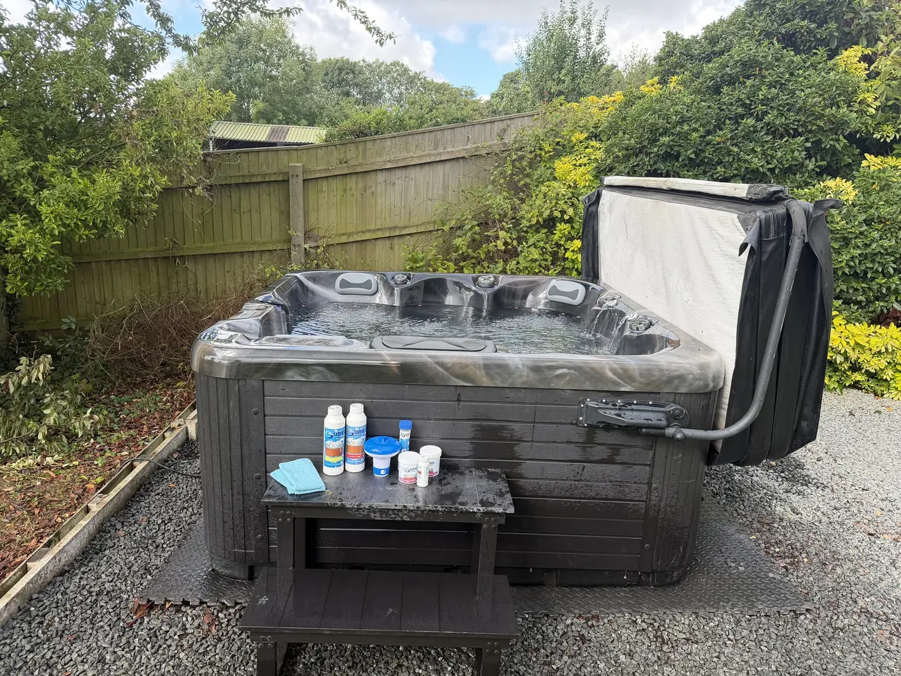 Hot tub handover with water care chemicals and test strips